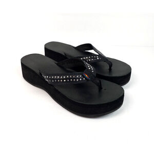 Rainbow 4 Layer Womens Size 6 Black Platform Wedge Thong Flip Flop Sandals